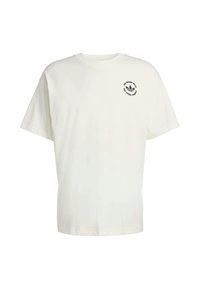 Witte katoenen t-shirt met een ronde hals en korte mouwen. Voorzien van een klein zwart logo op de linkerkant van de borst. Klassieke pasvorm, soepele textuur.