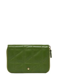 Portafoglio verde in pelle con motivo trapuntato, dotato di un accento in metallo dorato e una zip. Design compatto con una texture liscia.