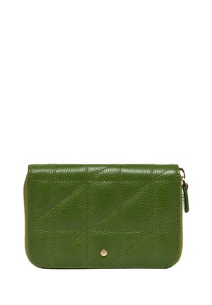 Portafoglio verde in pelle con motivo trapuntato, dotato di un accento in metallo dorato e una zip. Design compatto con una texture liscia.