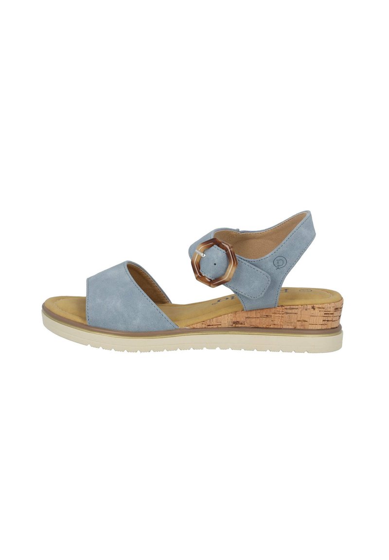 Blue suede wedge sandal with a cork platform, open toe, and ankle strap featuring a round, brown accent buckle. Rubber sole for traction.