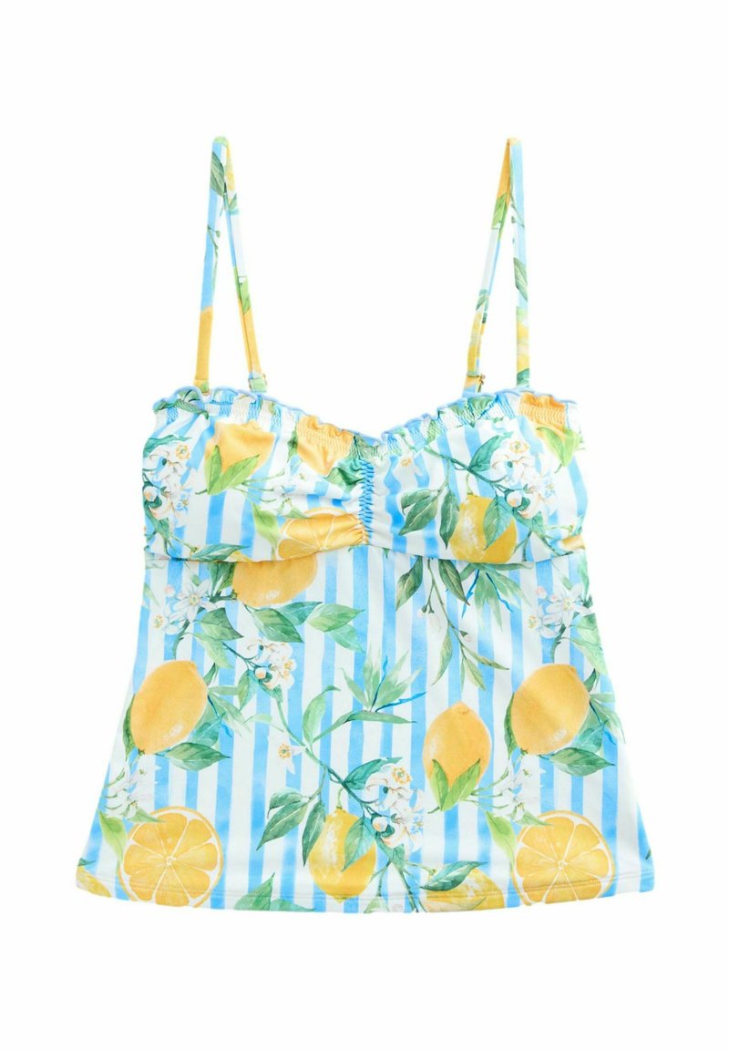 Blommönstrad lemon-print linne med blåvita vertikala ränder. Har justerbara spaghetti axelband och veckade detaljer längs bodice.