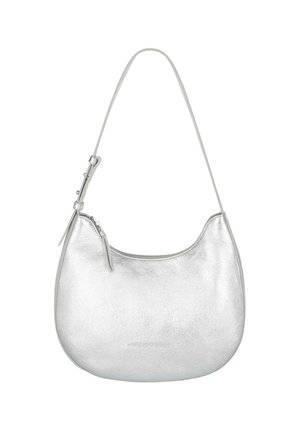 Silberne Leder-Schultertasche mit runder Form, ein Schulterriemen und Reißverschluss oben. Glatte Textur mit subtiler Schattierung, minimalistische Markenkennzeichnung.