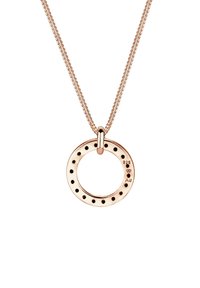 Rose gold vedhængs halskæde med et cirkulært design med perforerede detaljer, fastgjort til en delikat kæde. Markeret med 925 og Ag.