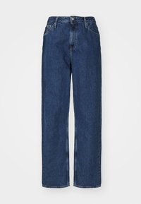 Mörkblå denimjeans med hög midja, rak bendesign, synlig sömnad och metallknäppning fram.