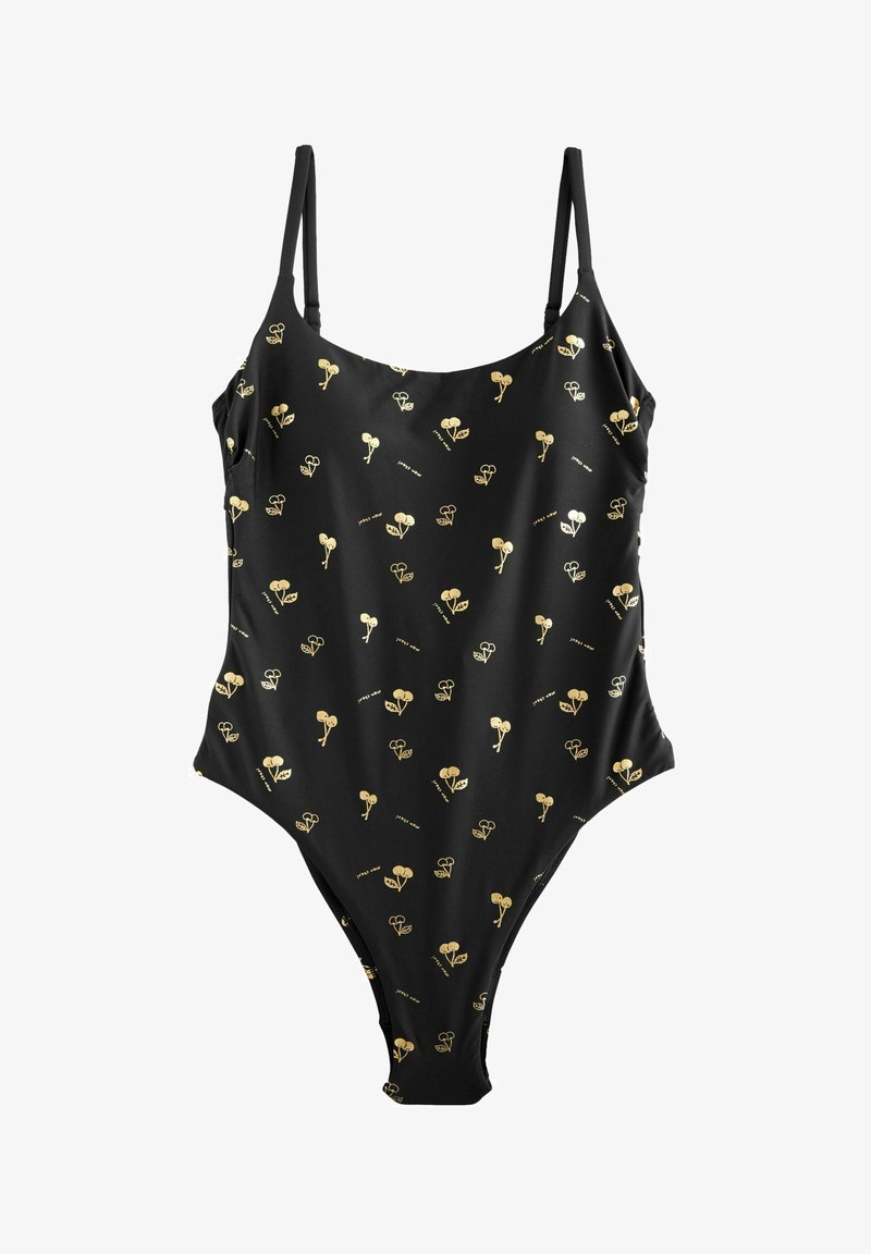 Melna peldkostīms ar plānām siksnām, kas rotāts ar atkārtotu zelta ziedu rakstu. Gluda tekstūra un augsti izgriezti kāju nogriezumi.