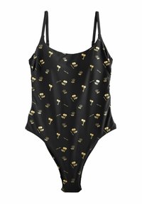 Črno enodelno kopalke z vzorcem majhnih zlatih cvetov in listov, tankimi spaghetti naramnicami ter obliko z visokim izrezom na nogi.