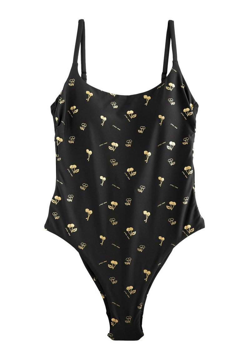Črno enodelno kopalke z vzorcem majhnih zlatih cvetov in listov, tankimi spaghetti naramnicami ter obliko z visokim izrezom na nogi.
