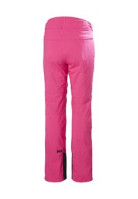Růžové voděodolné lyžařské kalhoty s rovnými nohavicemi, elastickým pasem a černými detaily na kotnících. Hladká, odolná tkanina.