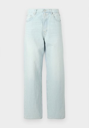 Hellblaue Jeans aus Denim mit weitem Bein und hoher Taille, ausgestattet mit fünf Taschen, einem Knopfverschluss und dezentem Verblassen.