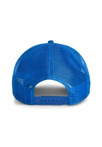 Blue mesh snapback cap with a solid blue bill, adjustable plastic strap at the back, and a round top button detail.