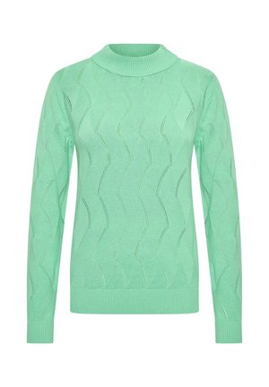 Mint green sweater with a high neckline, long sleeves, and a textured wavy pattern. Ribbed hem and cuffs. Lightweight knit fabric.