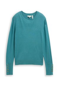 Türkisfarbener Strickpullover mit rundem Ausschnitt, langen Ärmeln und goldfarbenen Knopfakzenten an den Bündchen. Weiche Textur und figurbetontes Design.