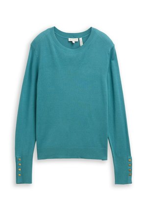 Miętowo zielony dzianinowy sweter z okrągłym dekoltem, długimi rękawami i złotymi guzikami na mankietach. Miękka faktura i dopasowany krój.