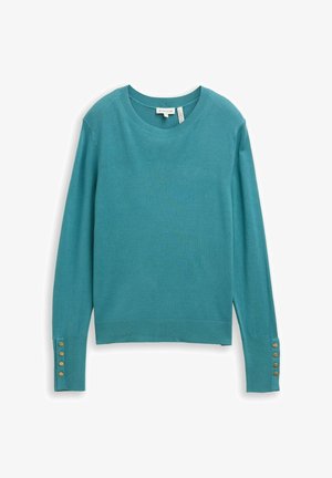 Žydrai žalsvas megztinis su apvalia iškirpte, ilgomis rankovėmis ir auksinių sagų akcentais ant rankogalių. Minkštos tekstūros ir prigludusio silueto dizainas.