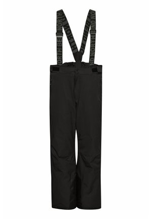 Schwarze wasserdichte Schneehosen mit verstellbaren Trägern, die den Markennamen zeigen. Mit Reißverschlusstaschen und einem weiten Bein-Design.