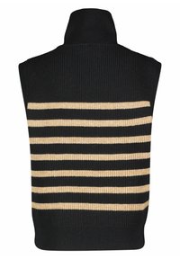 Svart stickad ärmlös tröja med hög krage, med horisontella beige ränder över midjan. Strukturerad tyg.