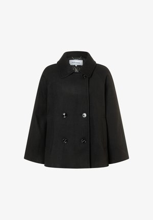 Schwarzer Wollmix-Mantel mit Kragen, doppelter Knopfleiste, zwei seitlichen Taschen und großen runden Knöpfen. Bietet eine lockere, kürzere Silhouette.