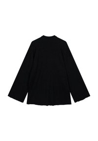 Top a maniche lunghe nero in tessuto a coste con vestibilità rilassata, dotato di scollo rotondo e maniche leggermente svasate, orlato in modo uniforme nella parte inferiore.