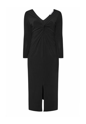 Vestido negro con mangas de tres cuartos, escote en V, detalle frontal retorcido y abertura delantera, hecho de una tela suave y elástica.
