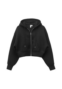 Schwarzer, kurz geschnittener Hoodie mit Frontreißverschluss, Kängurutasche, Kapuze mit Kordelzug und langen Ärmeln mit gerippten Bündchen.