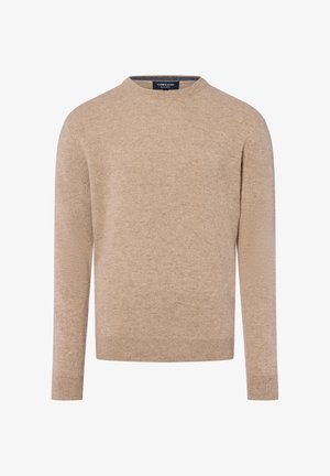 Beige trui van zachte gebreide stof, met een ronde hals en lange mouwen, voorzien van ribgebreide manchetten en onderrand. Geen duidelijke patronen of accenten.