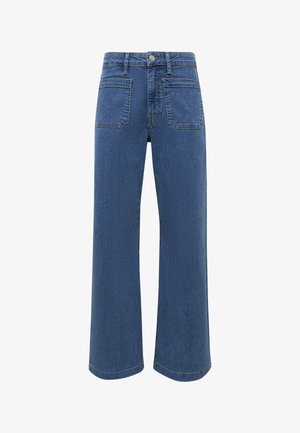 Weit geschnittene blaue Jeans aus Denim mit hoher Taille, vorderen Knöpfen und Reißverschluss sowie zwei großen aufgesetzten Fronttaschen.