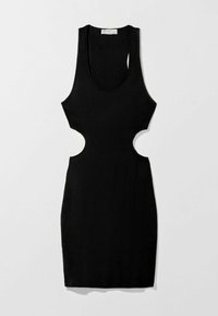 Abito nero a coste con design senza maniche e dettagli cut-out in vita. Texture liscia, forma aderente e scollatura rotonda.