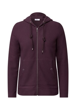 Purple zip-up hoodie made of textured fabric, featuring a drawstring hood, front pockets, and subtle hardware accents.