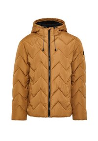 Gewatteerd jack in een warme bruine kleur met een visgraatsteek patroon, voorzien van een capuchon, zwarte rits en verstelbare trekkoorden.