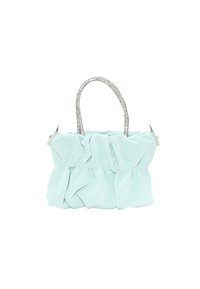 Mintgrünes Stoffhandtasche mit einer gerafften Optik, ausgestattet mit einem silberverzierten Griff und einem Reißverschluss. Glatte Textur mit weichen Falten.