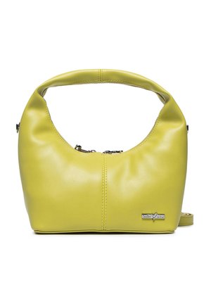 Bolso pequeño de cuero verde lima con asa redondeada, cierre de cremallera y pequeña placa metálica con logo en la parte inferior derecha del frente.