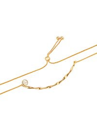 Złota naszyjnik z skręconym wzorem, regulowanym zapięciem i teksturowanym łańcuchem. Posiada małe, okrągłe koralikami do zapięcia.