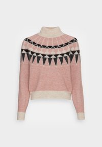 Hellrosa Pullover mit hohem Kragen, versehen mit schwarz-weißen geometrischen Mustern auf der Brust und cremefarbigen Akzenten am Saum und den Bündchen.