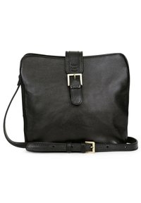 Borsa a tracolla nera in pelle con finitura testurizzata, dotata di chiusura a fibbia frontale e di una tracolla regolabile. Forma rettangolare compatta.