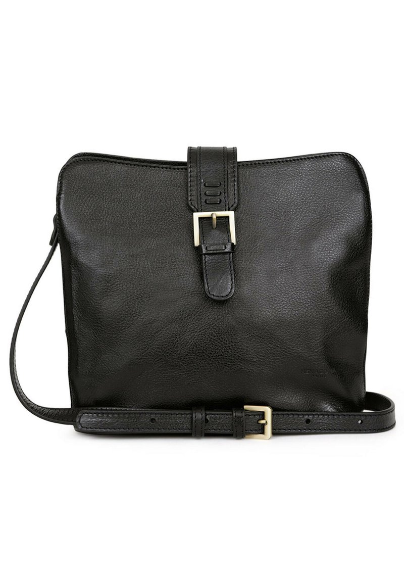 Borsa a tracolla nera in pelle con finitura testurizzata, dotata di chiusura a fibbia frontale e di una tracolla regolabile. Forma rettangolare compatta.