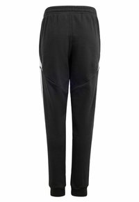 Pantalons de survêtement noirs avec une taille élastique, des jambes ajustées et des accents de panneaux latéraux. Fabriqués en tissu doux avec une texture lisse.