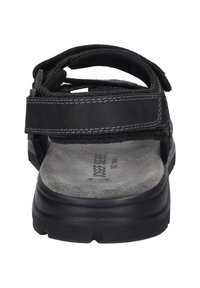Sandalo nero con cinturini regolabili, interno imbottito e suola in gomma. Presenta una superficie liscia e cuciture rinforzate.