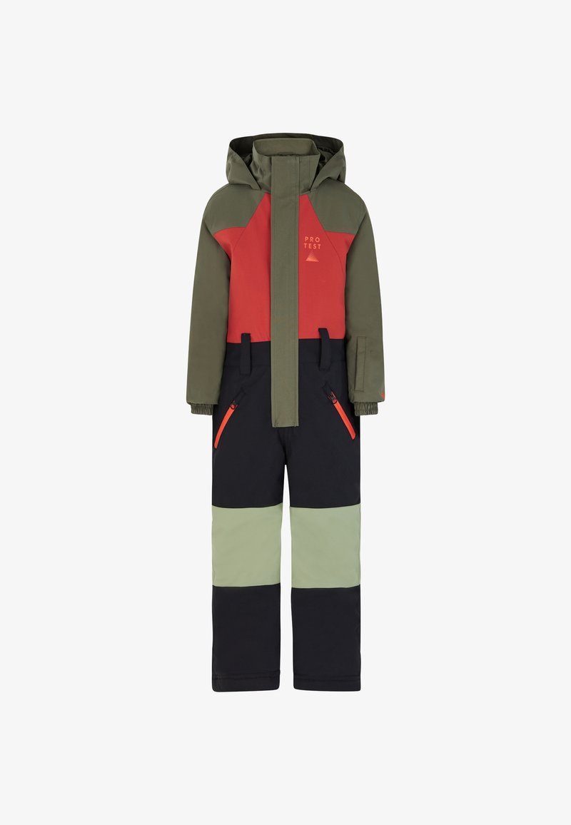 Colorful snow suit featuring a red and green top, black and green bottom sections, front zipper, and two zippered side pockets.