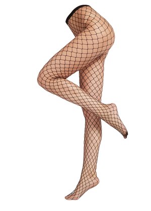 Schwarze Netzstrumpfhosen mit einem Rautenmuster, ausgestattet mit einem festen schwarzen Bund. Transparent mit einer strukturierten Webart, die eng am Bein anliegt.