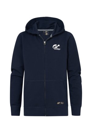 Marineblauer Reißverschluss-Hoodie mit Kapuze, ausgestattet mit einem Logo auf der Vorderseite, zwei seitlichen Taschen, gerippten Bündchen und einem strukturierten Stoff.