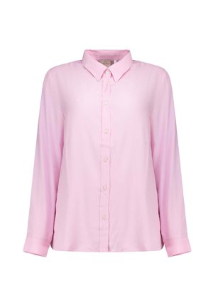 Camicia rosa chiaro a maniche lunghe con bottoni, collo classico e polsini abbottonati, mostrata su sfondo bianco.