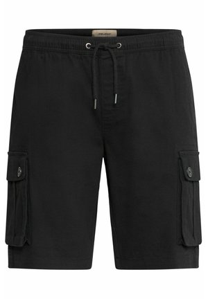 Čierne cargo šortky vyrobené z látky s hladkou textúrou. Obsahujú dve bočné vrecká so zapínaním na gombíky a nastaviteľný pás s šnúrkou.