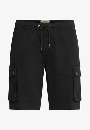 Zwarte cargoshorts gemaakt van stof met een gladde textuur. Bevat twee zijzakken met knoopsluitingen en een verstelbare trekkoord tailleband.