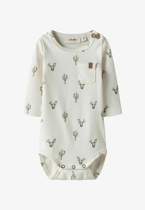 Pitkähihainen body kermaisen valkoisesta puuvillasta, jossa kaktuskuvio, etutasku ja pohjassa painonapit. Kaksi pyöreää puisista nappia olkapäällä.