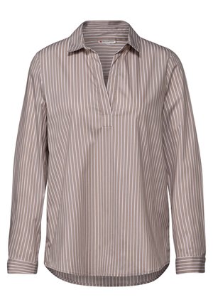 Camicia a maniche lunghe a strisce marroni e bianche con colletto, dotata di una placca e un orlo arrotondato. Tessuto di consistenza liscia.