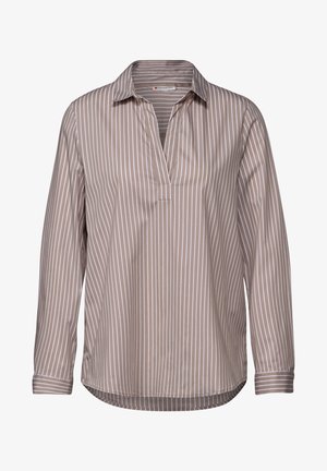 Braun- und weißgestreifte Langarmbluse mit kragenförmigem Ausschnitt, ausgestattet mit einer Knopfleiste und abgerundetem Saum. Glatte Textur des Stoffes.