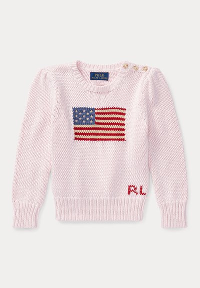 Pullover de lã rosa com um design de bandeira americana azul e vermelha, gola redonda e detalhes em botão decorativos nos ombros.