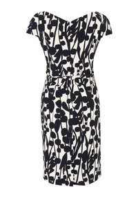 Robe à motif floral en crème et marine, avec des manches courtes, une taille cintrée et une longueur aux genoux. Tissu lisse, silhouette moderne.