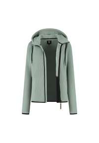 Veste à capuche vert clair avec fermeture éclair sur le devant, bord noir et doublure en polaire douce visible à l'intérieur de l'ouverture.
