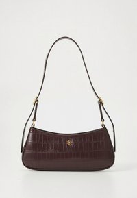 Burgundy leather shoulder bag with a crocodile pattern, gold hardware, and a single adjustable strap. Features a logo on the front.